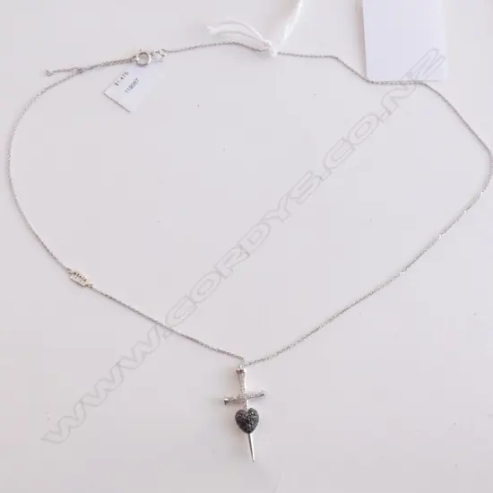 18CT WHITE GOLD SWORD AND HEART DIAMOND PENDANT