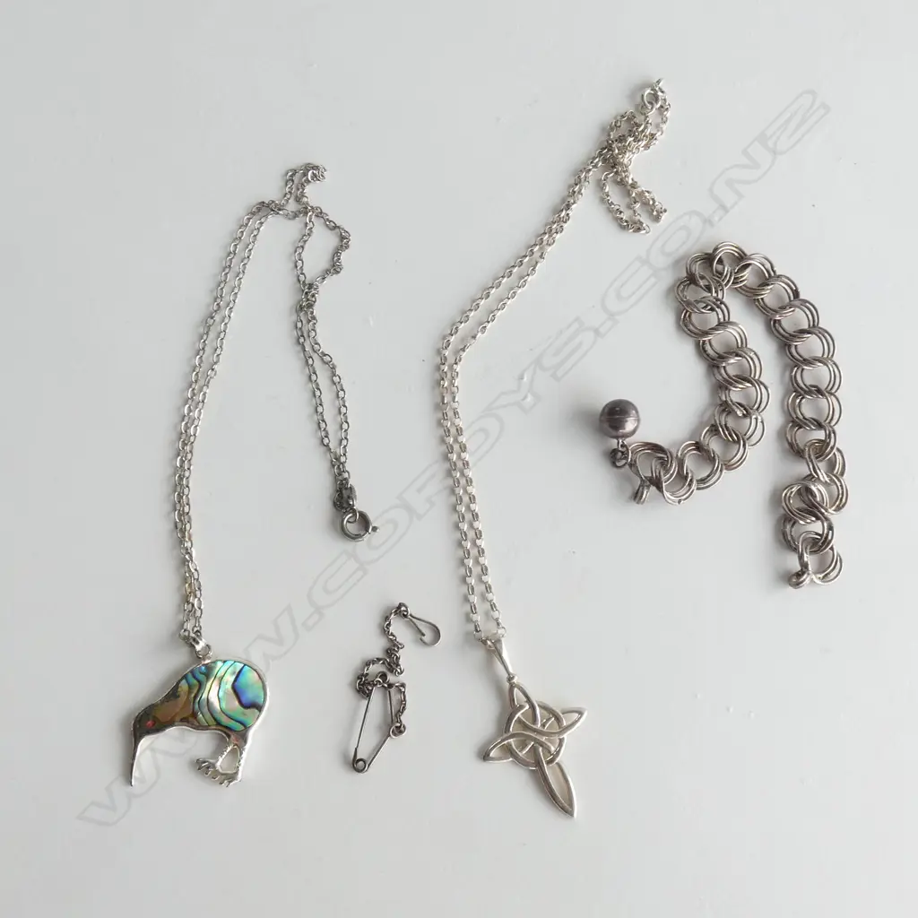 2 SILVER NECKLACES; 1 WITH PAUA PENDANT & ONE CELTIC + SILVER BRACELET Image 1++