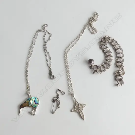 2 SILVER NECKLACES; 1 WITH PAUA PENDANT & ONE CELTIC + SILVER BRACELET