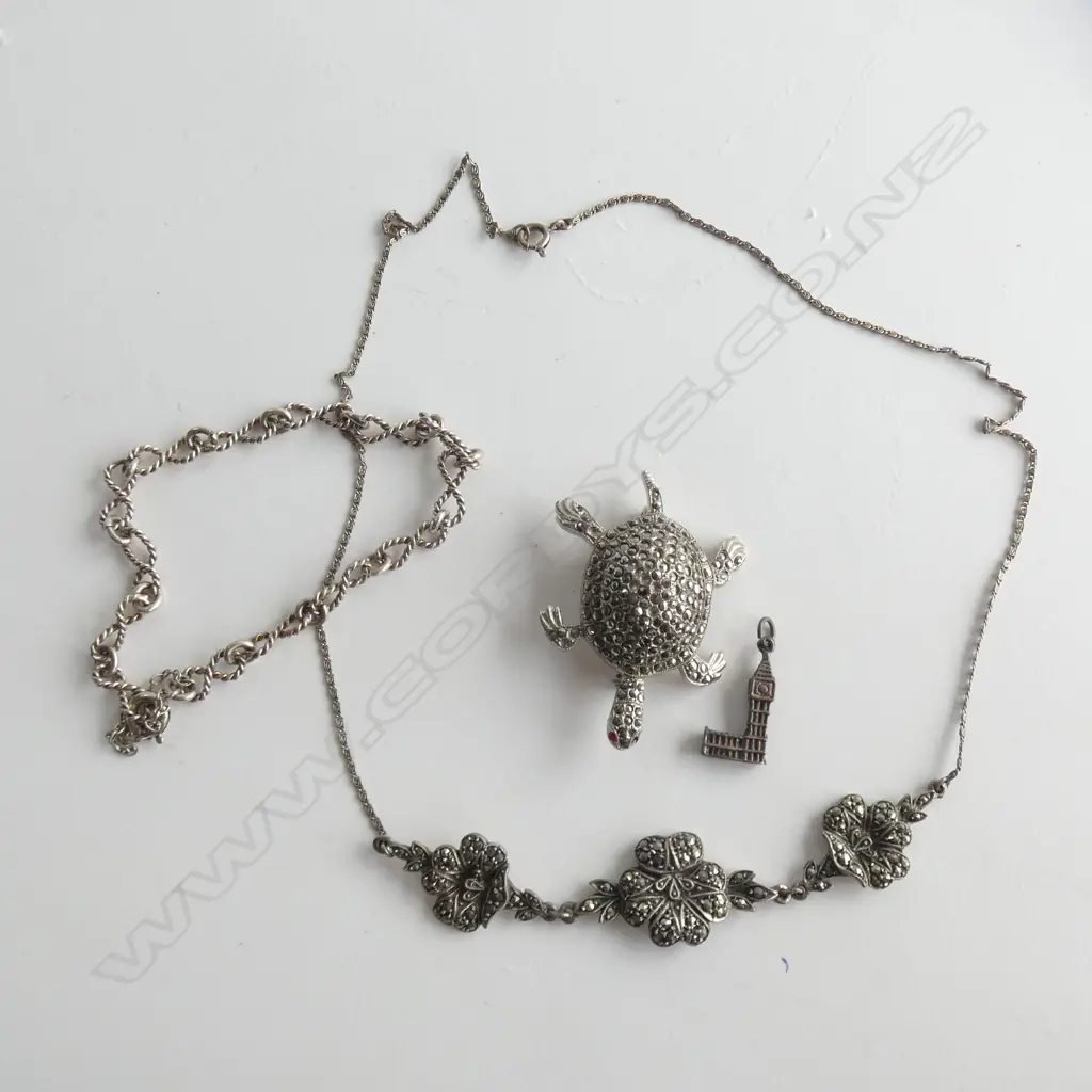 SILVER BRACELET / MARCASITE NECKLACE &  TURTLE Image 1++