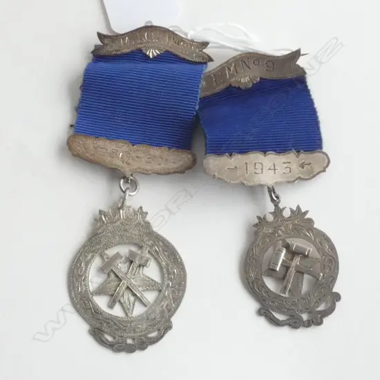TWO STG SILVER LOYAL ORANGE LODGE BADGES W BLUE CLOTH C1943