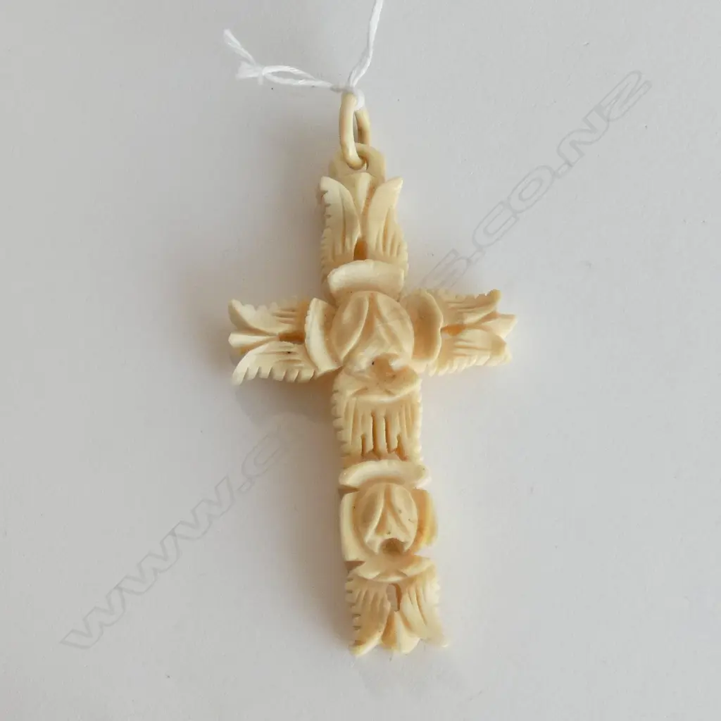 BONE CROSS PENDANT CARVED FLOWERS Image 1++