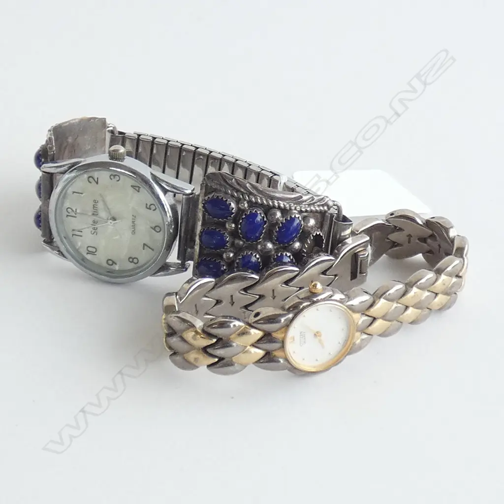 TWO WRISTWATCHES ONE WITH NATIVE AMERICAN SILVER AND LAPIS BRACELET Image 1++