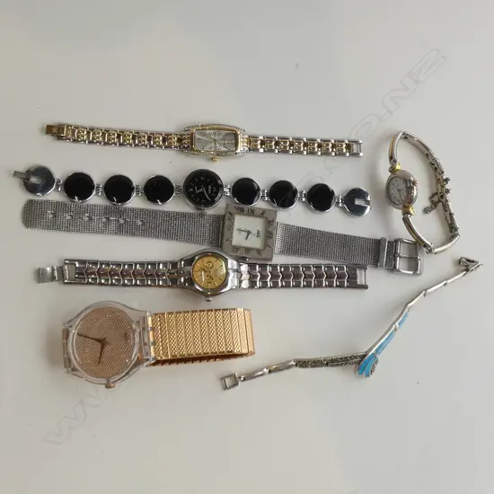6 WATCHES; ROLEX, SWATCH, ETC + 925 BRACELET 22 GRAMS