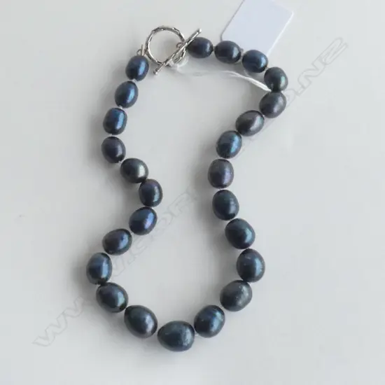 BLACK FRESHWATER PEARL NECKLACE -  STG SILVER RING & BAR