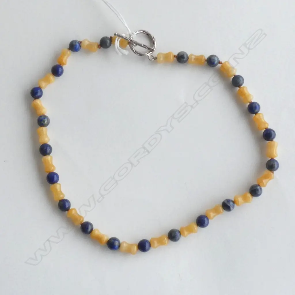 JADE & LAPIS LAZULI BEADED NECKLACE - STG SILVER RING & BAR Image 1++