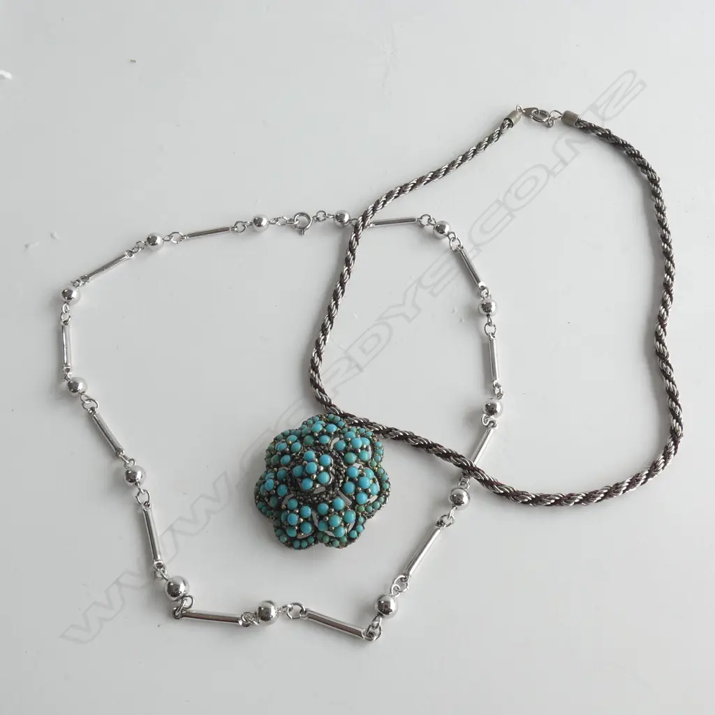 2 SILVER CHAINS & TURQUOISE BROOCH  Image 1++