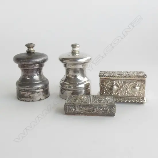 2 SILVER PLATE STAMP BOXES + PR EP SALT & PEPPER