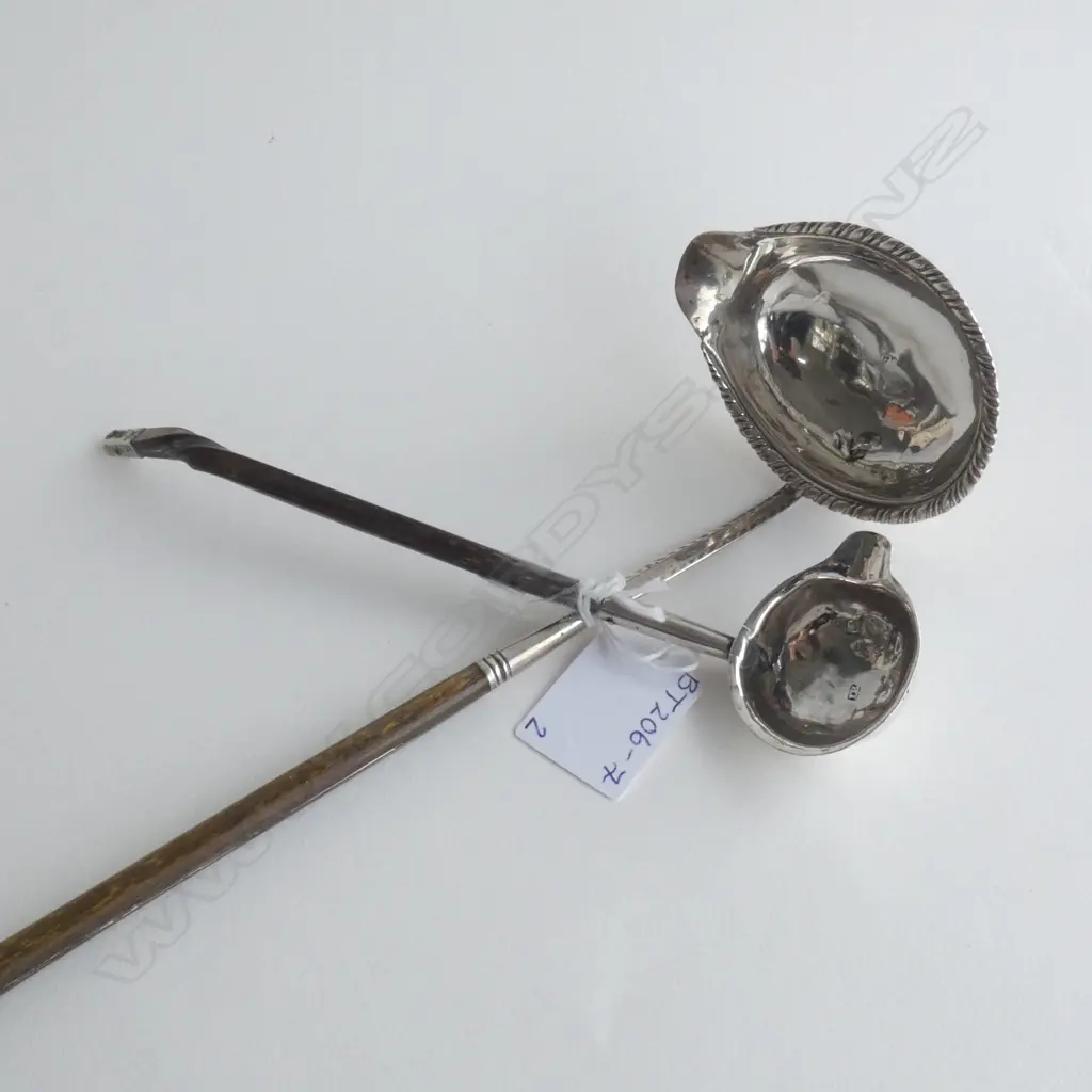 2 STG SILVER TODDY LADLES w WOODEN HANDLES; 1 SM IRISH EARLY 19TH C  51GMS TOTAL WEIGHT Image 1++