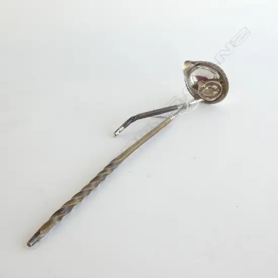 2 STG SILVER TODDY LADLES w WOODEN HANDLES; 1 SM IRISH EARLY 19TH C  51GMS TOTAL WEIGHT