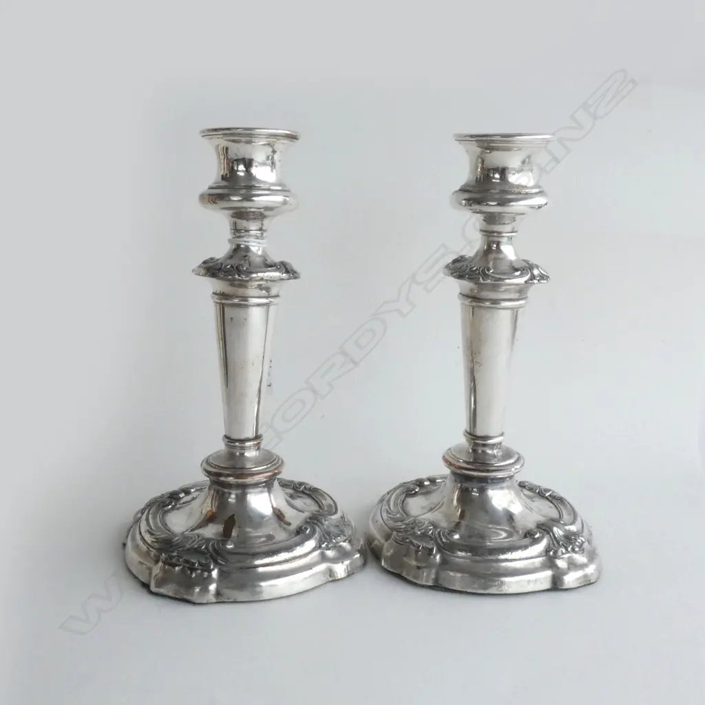 PAIR GEORGIAN SHEFFIELD PLATE CANDLESTICKS - MINOR WEAR TO BASE H. 185MM Image 1++