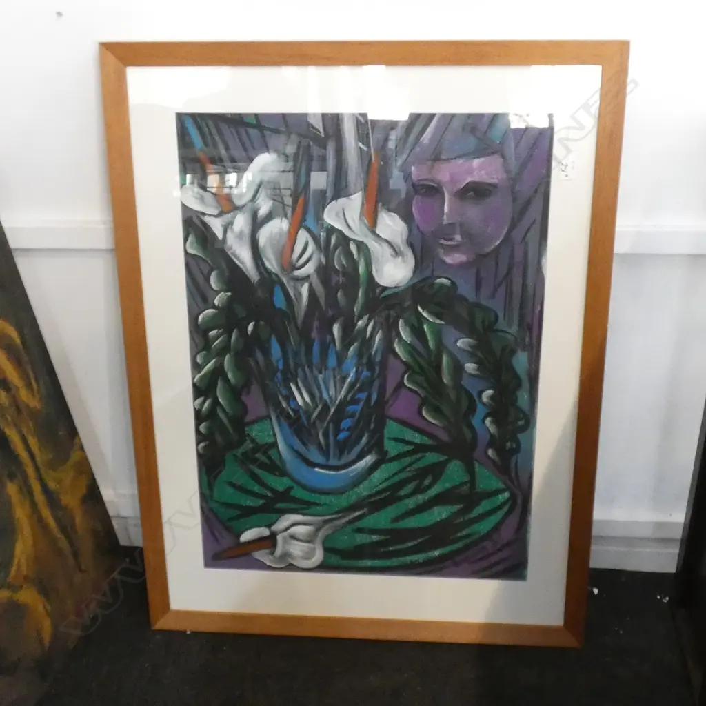 DEAN BUCHANAN - OIL ON PAPER UNTITLED (STILL LIFE W/ MASK & LILLIES' SGD & DATED 1987. WORK SIZE W. 605 X H. 840MM Image 1++