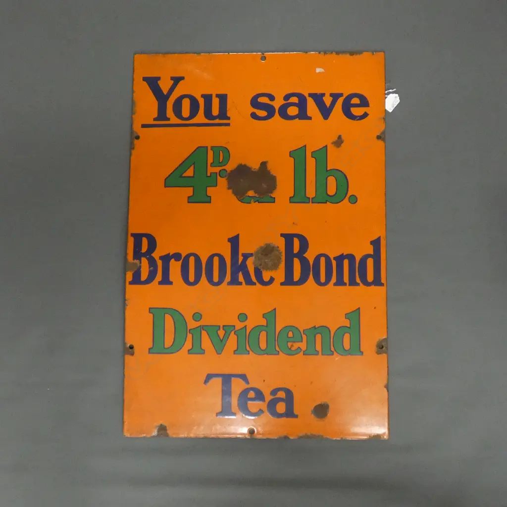 VINTAGE ENAMEL ADVERTISING SIGN 'BROOKE BOND DIVIDEND TEA' 765 X 505MM Image 1++