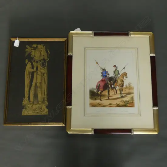 2 ARTWORKS; FRENCH COLOURED LITHOGRAPH HORSE RIDERS 290x220mm + BRASS RUBBING
