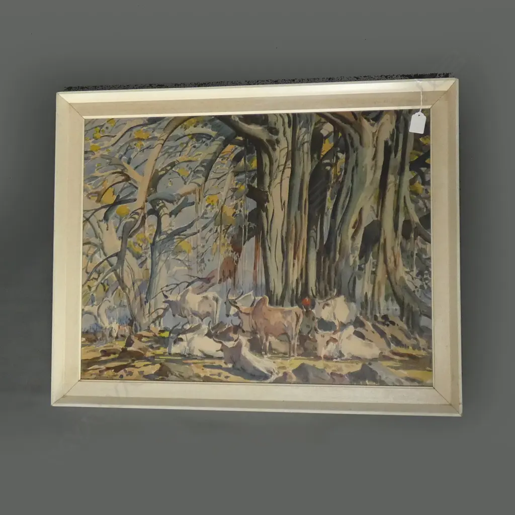 WATERCOLOUR ON BOARD - TREES & COWS BY INDIAN ARTIST 470 X 620MM Image 1++