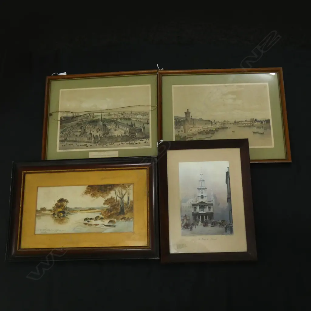 4 ARTWORKS; LANDSCAPE W/C 175x360mm + 3 PRINTS; CHURCH, 2x PARIS  Image 1++