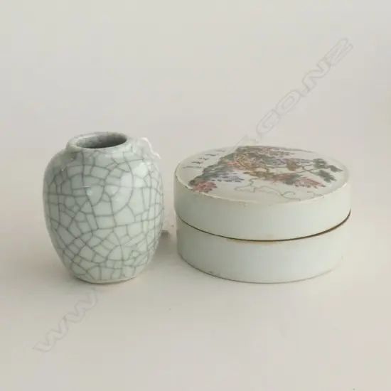 2 PCES CHINESE CERAMICS; FAMILLE ROSE LIDDED CONTAINER 120mm dia + CRACKLE GLAZE VASE