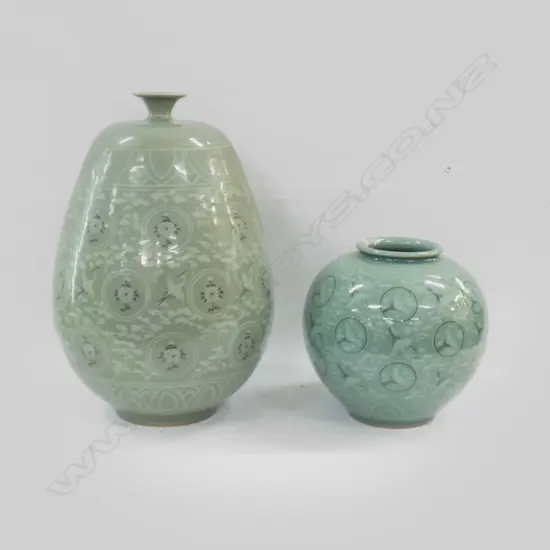 2 ORIENTAL GREEN CERAMIC VASES - TALLEST H340MM