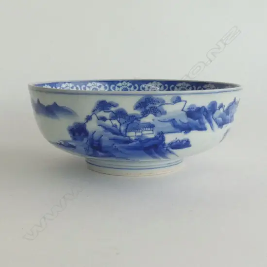 JAPANESE PORCELAIN BLUE & WHITE LANDSCAPE BOWL. 250mm