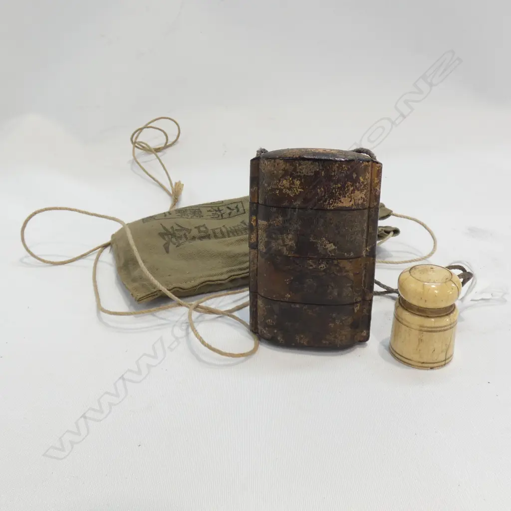 OLD JAPANESE INRO WITH BONE NETSUKE, IN CLOTH BAG Image 1++