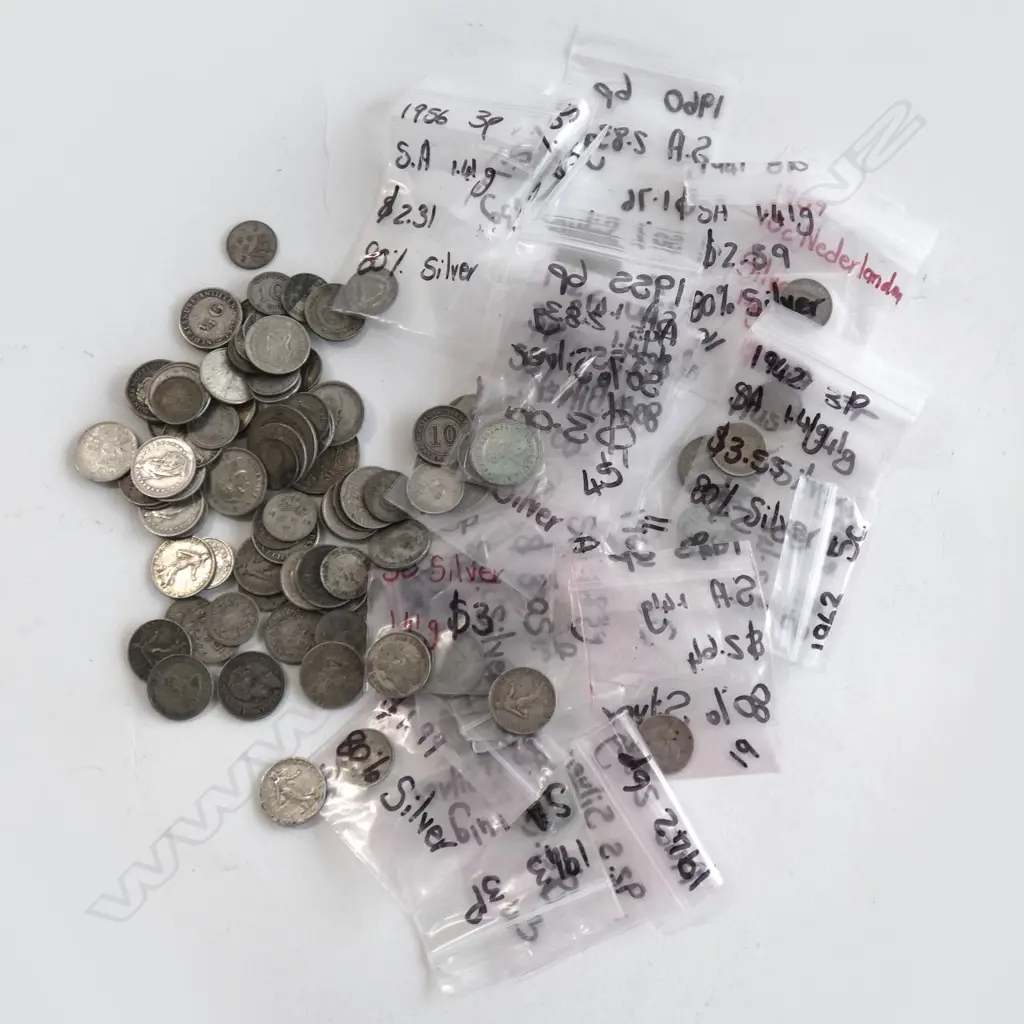 BAG 100 SILVER COINS MAINLY SMALLER TOTAL 230GMS incls bags Image 1++