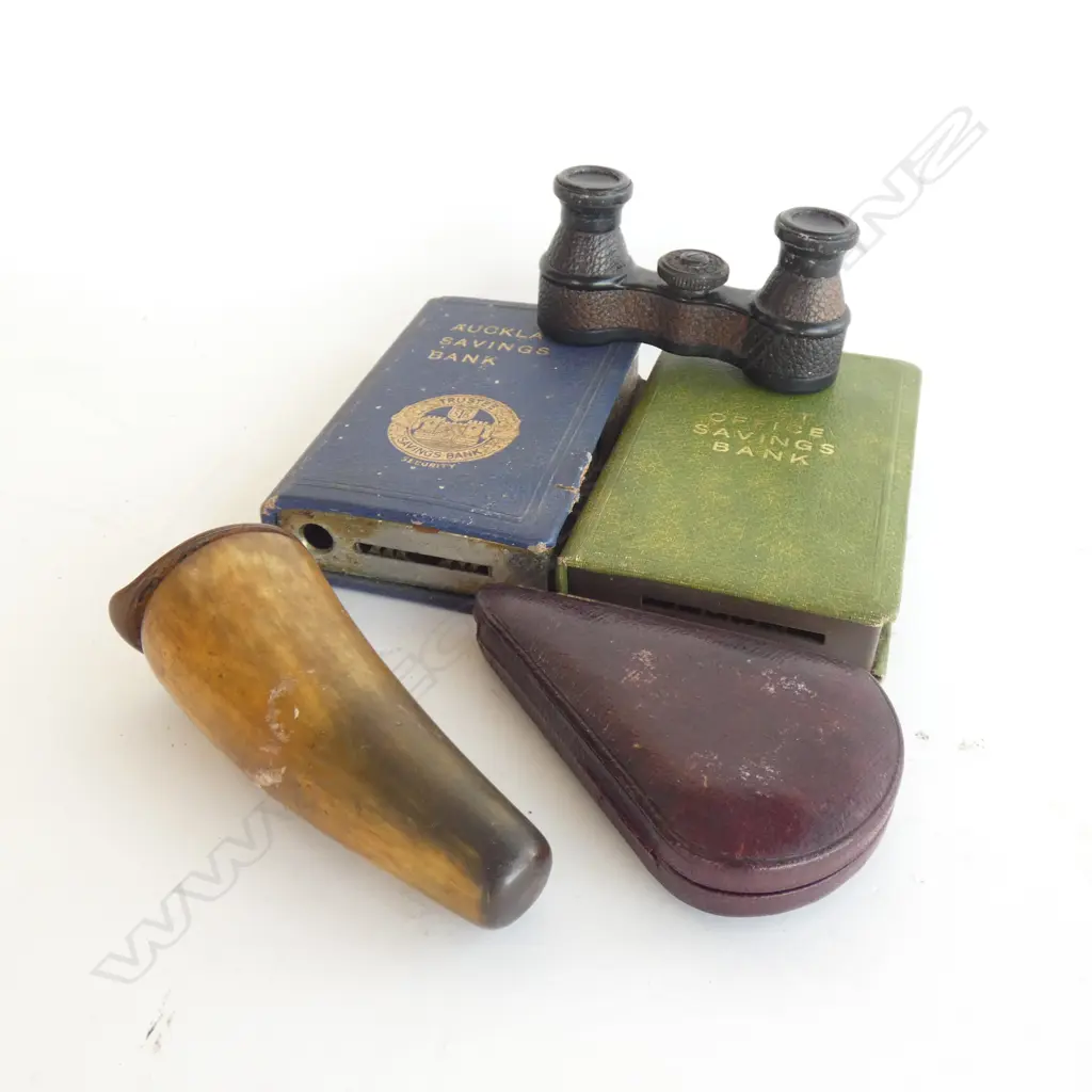 2 SAVING BANKS, HORN CONTAINER, OPERA GLASSES, CASED CORKSCREW Image 1++