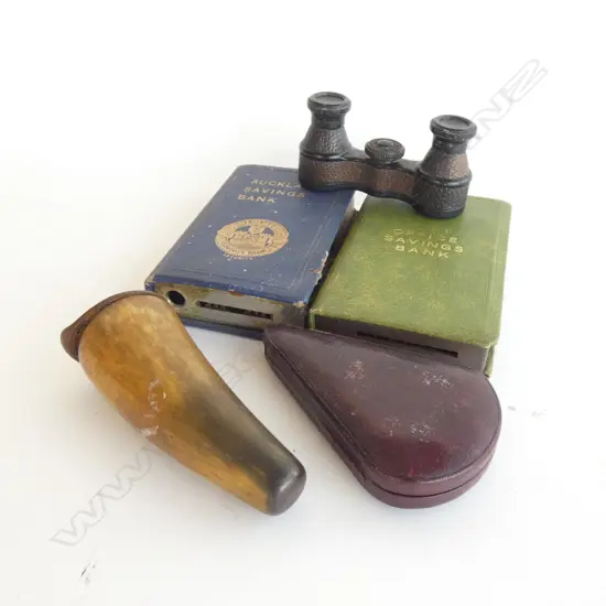 2 SAVING BANKS, HORN CONTAINER, OPERA GLASSES, CASED CORKSCREW