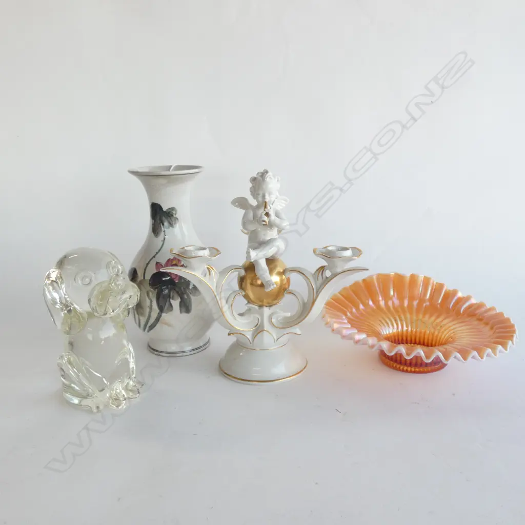 CHINESE VASE, GLASS BOWL, DOG PAPERWEIGHT, CHERUB CANDLEHOLDER Image 1++