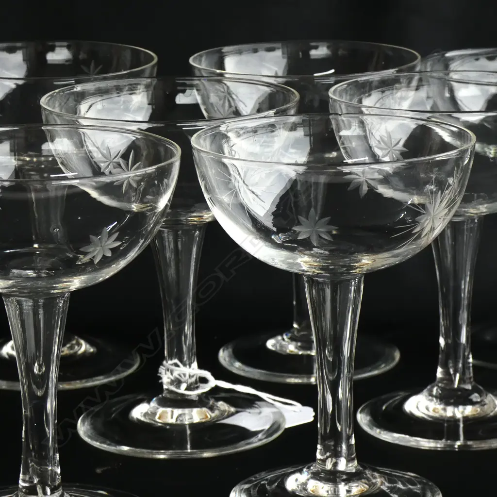 12 HOLLOW STEM CHAMPAGNE GLASSES; 6 PLAIN & 6 ETCHED + 9 SHERRY GLASSES (H 105MM) Image 1++