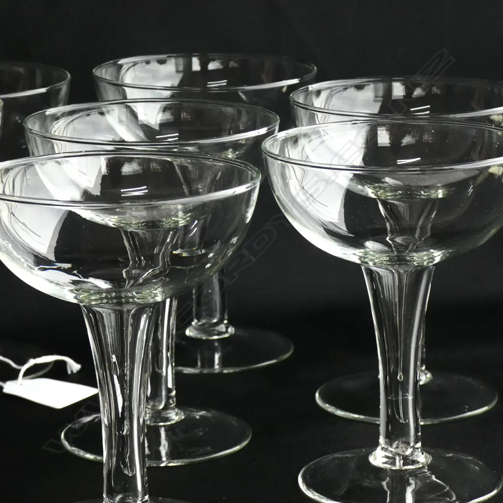 12 HOLLOW STEM CHAMPAGNE GLASSES; 6 PLAIN & 6 ETCHED + 9 SHERRY GLASSES (H 105MM) Image 1++