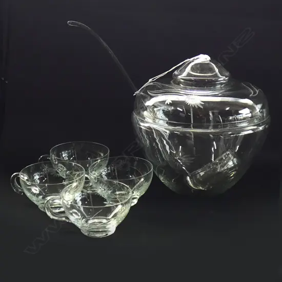 CUT GLASS PUNCH BOWL + LADLE,LID AND CUPS+ 6 COCKTAIL GLASSES