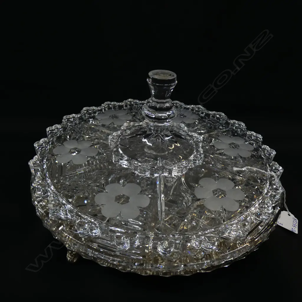 SILVER PLATE TRAY + 2 CUT GLASS CAKE PLATES, ONE W DETACHABLE STAND Image 1++