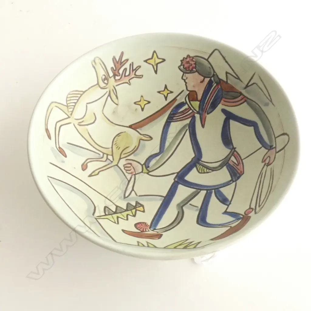 VINTAGE RORSTRAND HAND PAINTED BOWL HUNTING SCENE 195mm dia  Image 1++