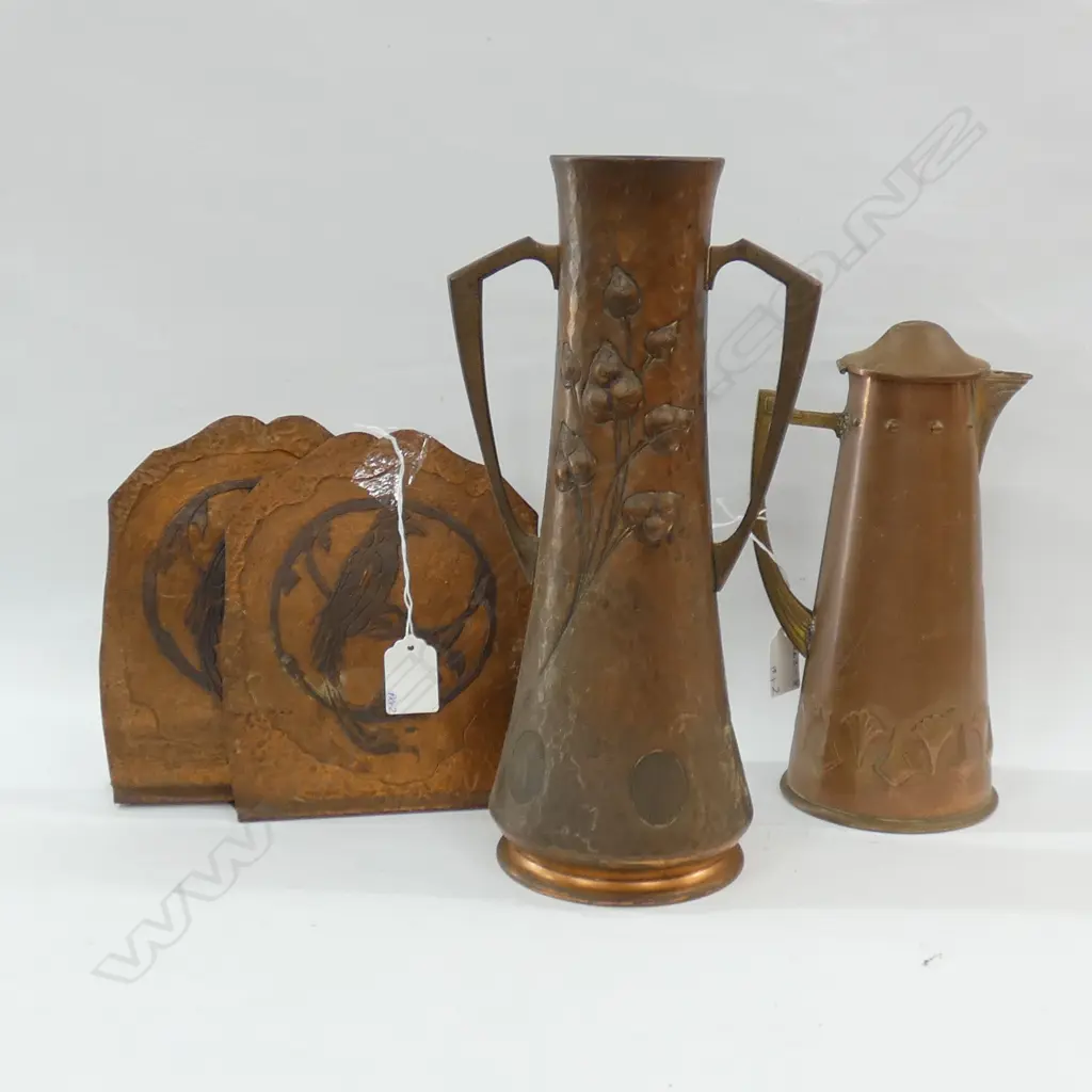 COPPER; ART NOUVEAU VASE (H300MM) & COFFEE OR HOT WATER POT (H 230MM) & BIRD BOOKENDS Image 1++