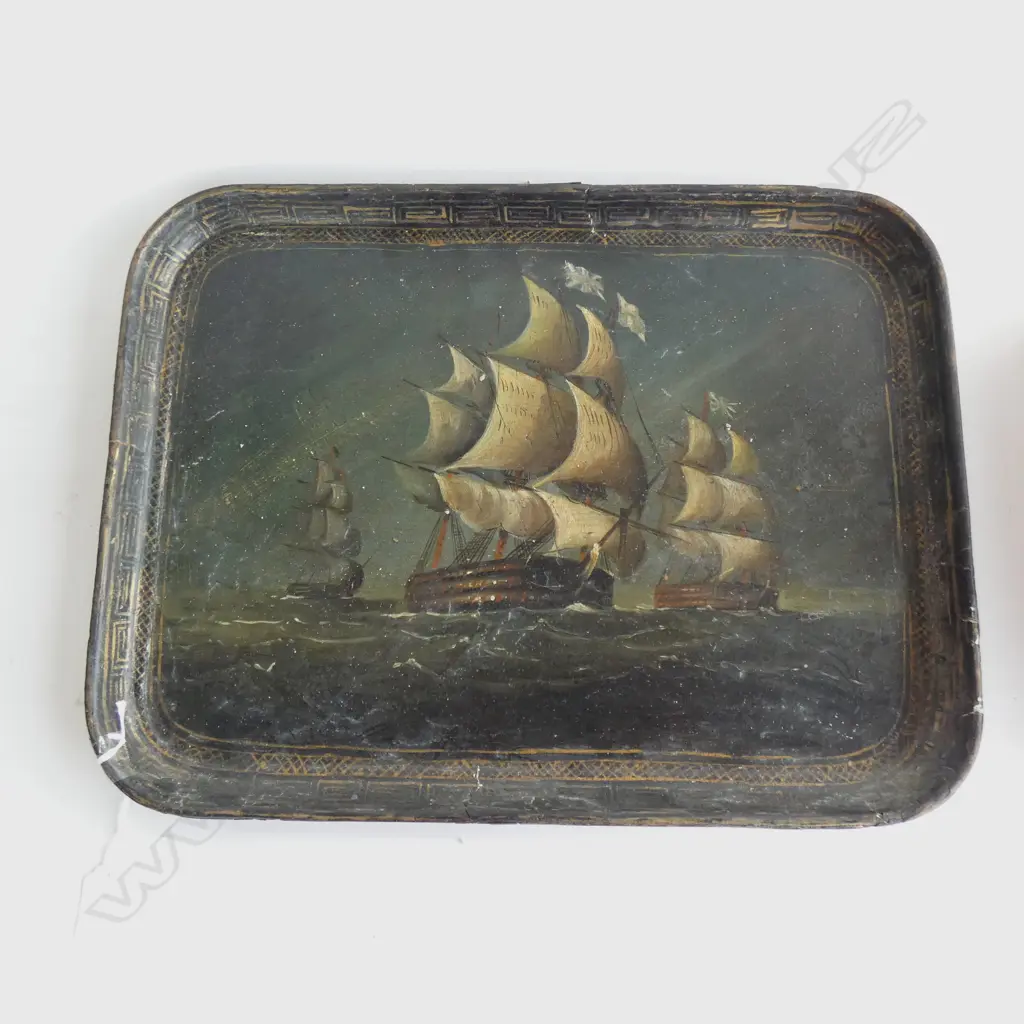 VICTORIAN PAPIER MACHE TRAY W MARITIME / SAILING SHIP SCENE  450 X 340MM Image 1++