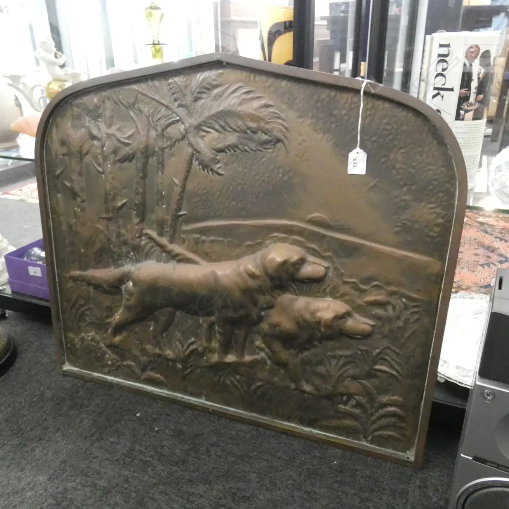 COPPER FIRE SCREEN - EMBOSSED WITH DOGS ...SCREEN ONLY - NO STAND Image 1++