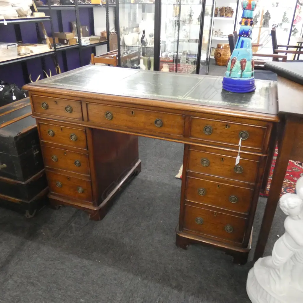VICTORIAN DOUBLE PEDESTAL DESK, GREEN LEATHER TOP... Image 1++