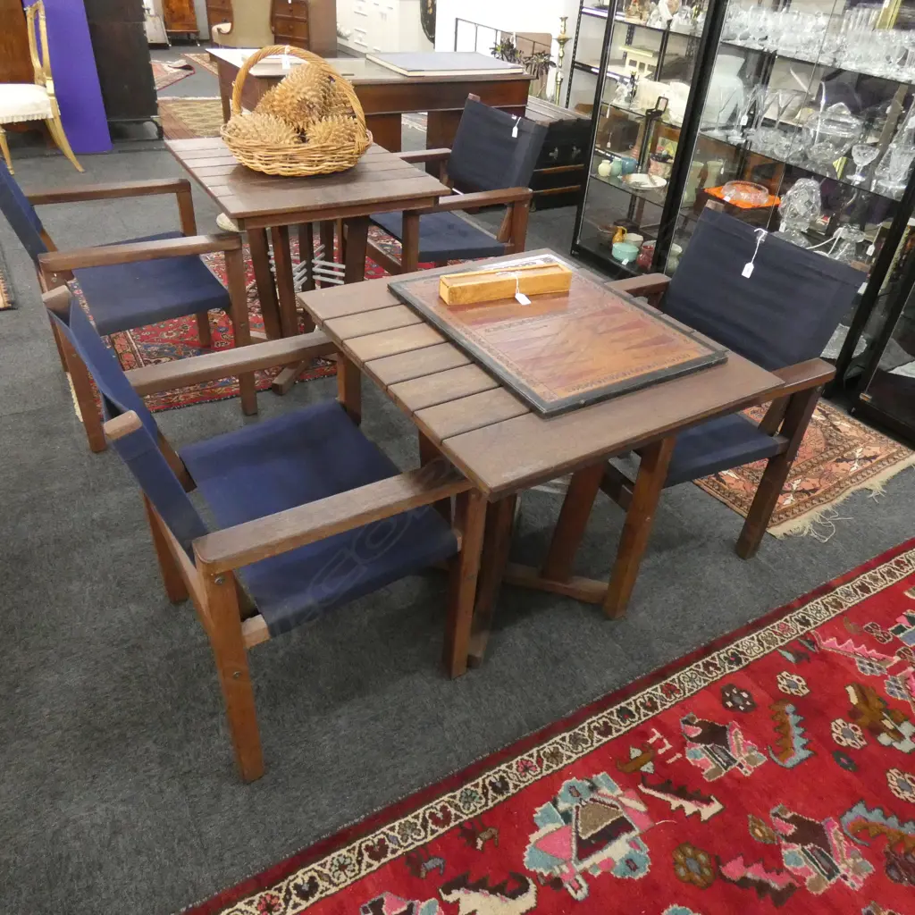 DEVON HARDWOOD OUTDOOR TABLE (760 X 700MM)  & 2 BLUE CANVAS CHAIRS  Image 1++