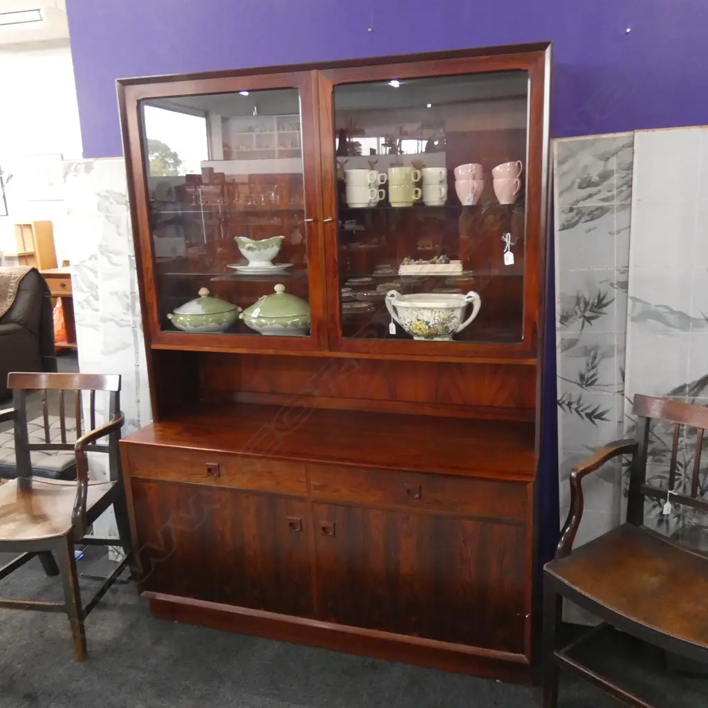 LG MID CENTURY STYLE ROSEWOOD DISPLAY CABINET - GLASS FRONT CUPBOARDS W LIGHTING AT TOP 1350 X 1850MM Image 1++