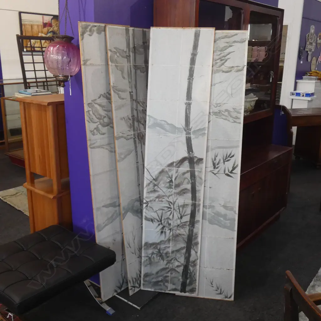 4 VINTAGE JAPANESE HAND PAINTED  PAPER PANELS  FEATURING BAMBOO   Image 1++