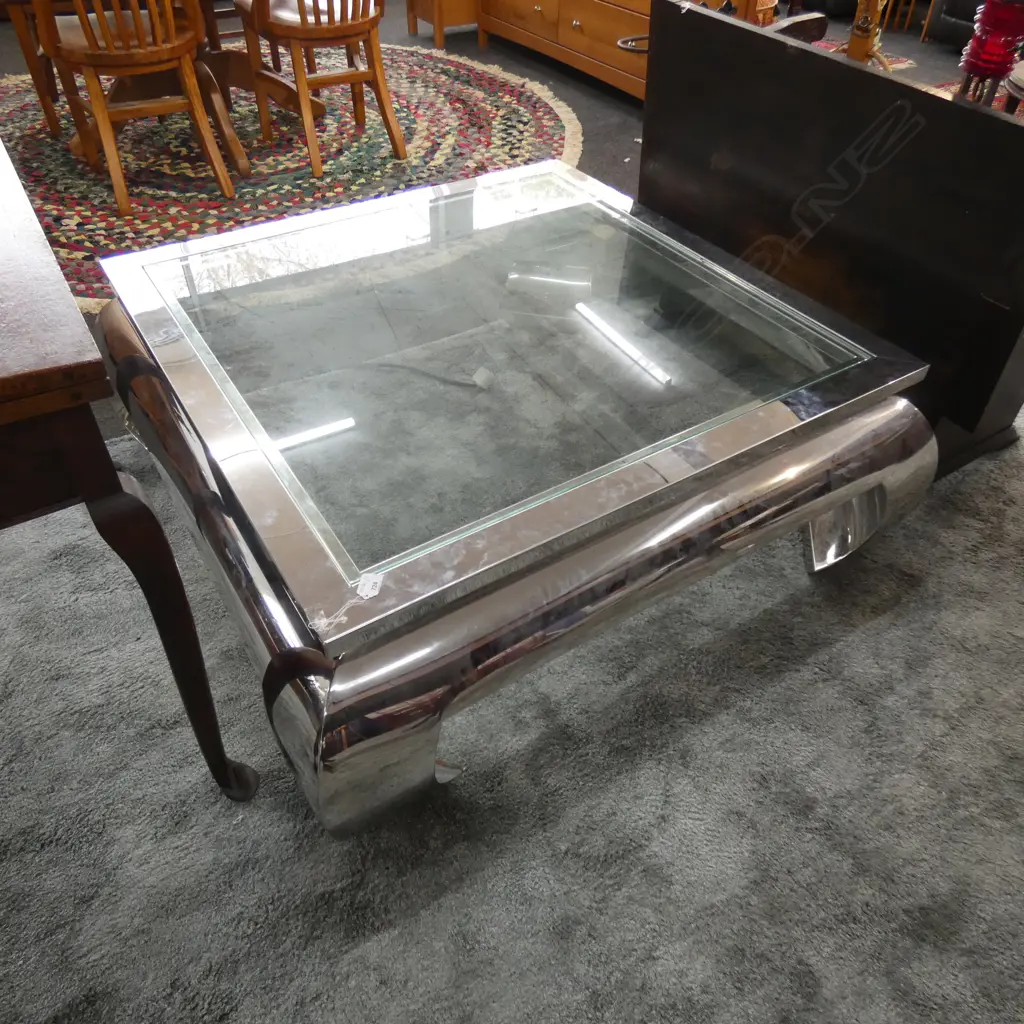 CONTEMPORARY CHROME ORIENTAL STYLE SQUARE COFFEE TABLE GLASS TOP 1100mm sq Image 1++