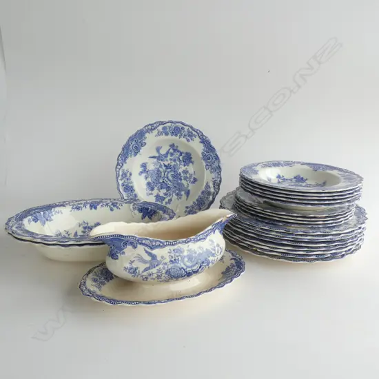 CROWN DUCAL BLUE & WHITE ASIATIC PHEASANT STYLE CHINA; PLATES / BOWLS / DISHES ETC.  21 PCS SOME A/F
