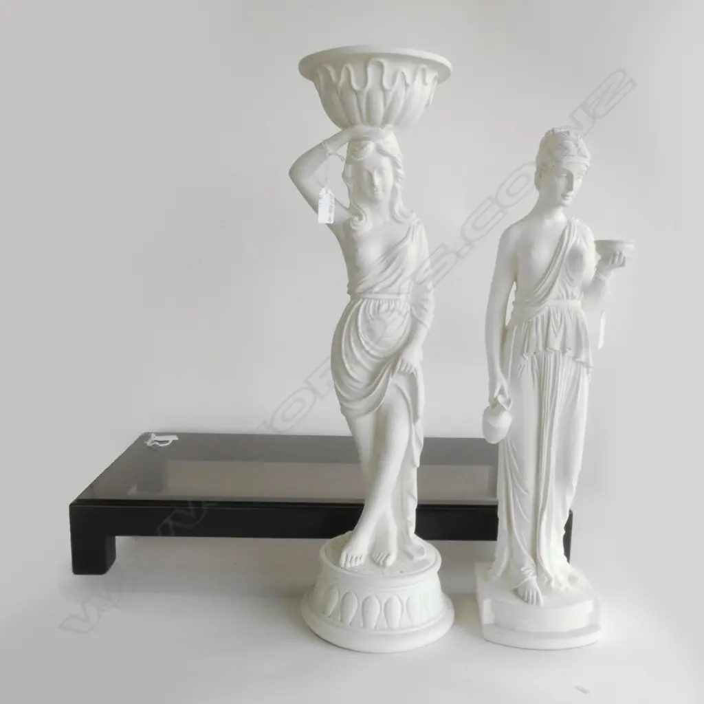 2 FINE CAST RESIN CLASSICAL STATUETTES H590mm ON GLASS TOPPED STAND Image 1++