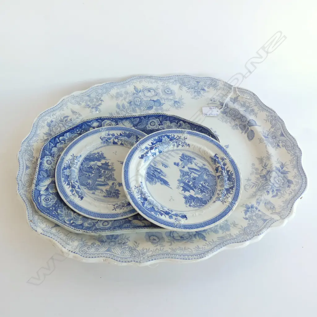 ANTIQUE BLUE & WHITE CHINA; LG ASHET MEAT PLATE (L 500MM) + SM ASHET & 2 PLATES  Image 1++