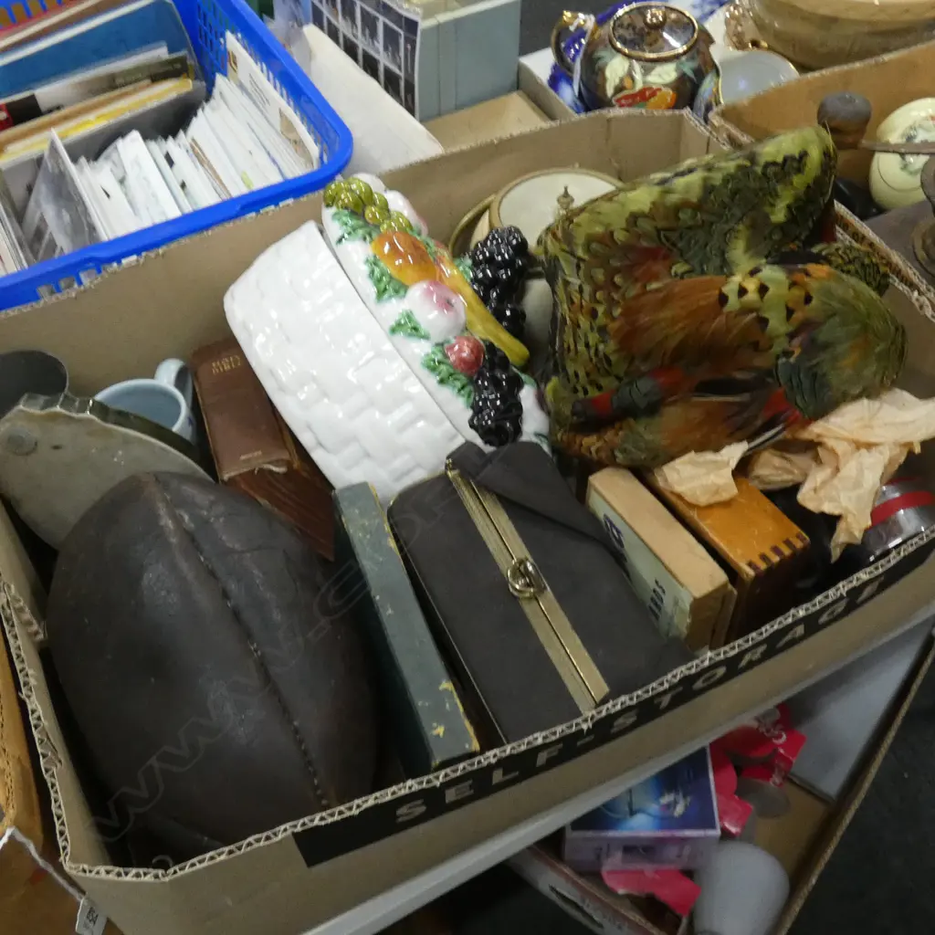 BOX LOT ASST; BISCUIT BARREL, RUGBY BALL, SODA SYPHON, PHEASANT HAT ETC Image 1++