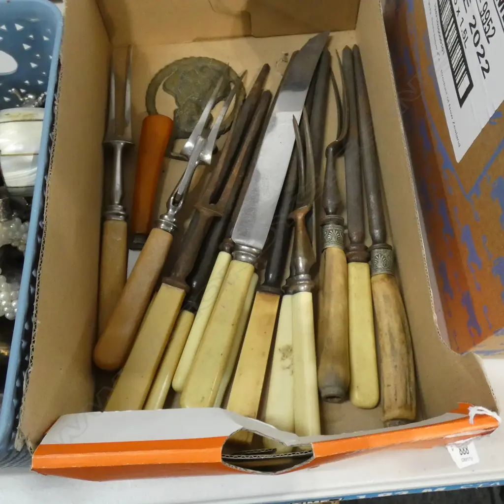 BOX LOT ASST. IVORINE HANDLED CARVING FORKS & KNIVES Image 1++