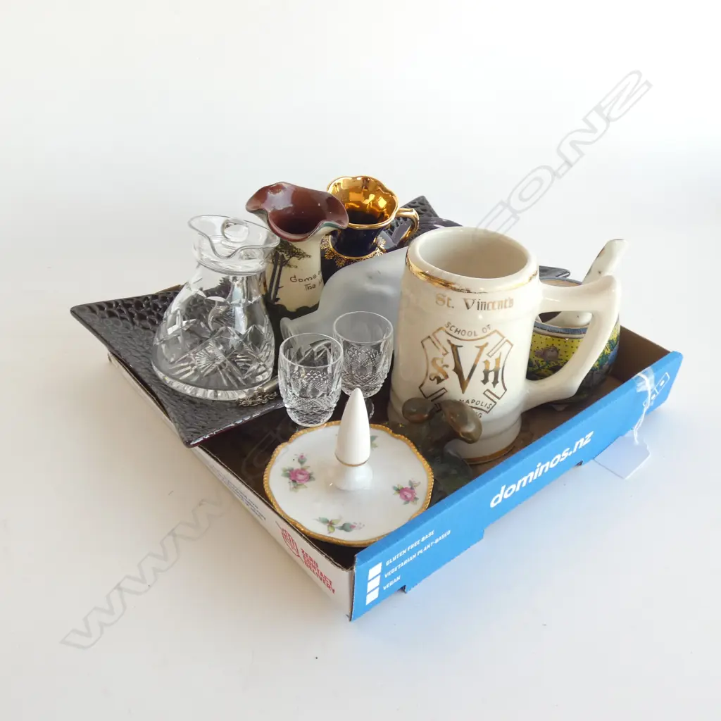 BOX SMALL ITEMS. 2 WATERFORD SHERRY GLASSES. TORQUAY ETC PLEASE NOTE; BRONZE MUSHROOM MISSING Image 1++