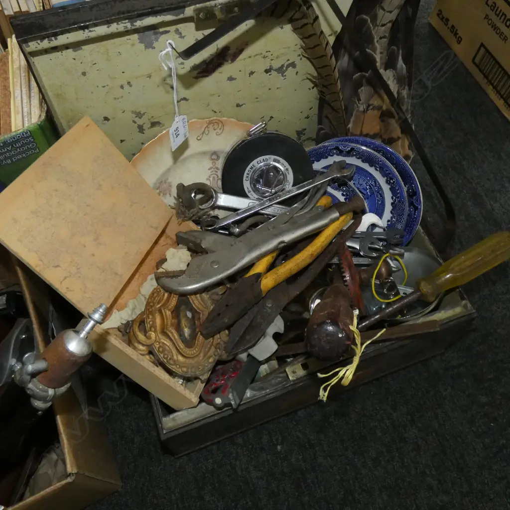 BOX LOT TOOLS; SPANNERS ETC B/W PLATES, PLATE CLOCK, IN OLD METAL CASE  Image 1++