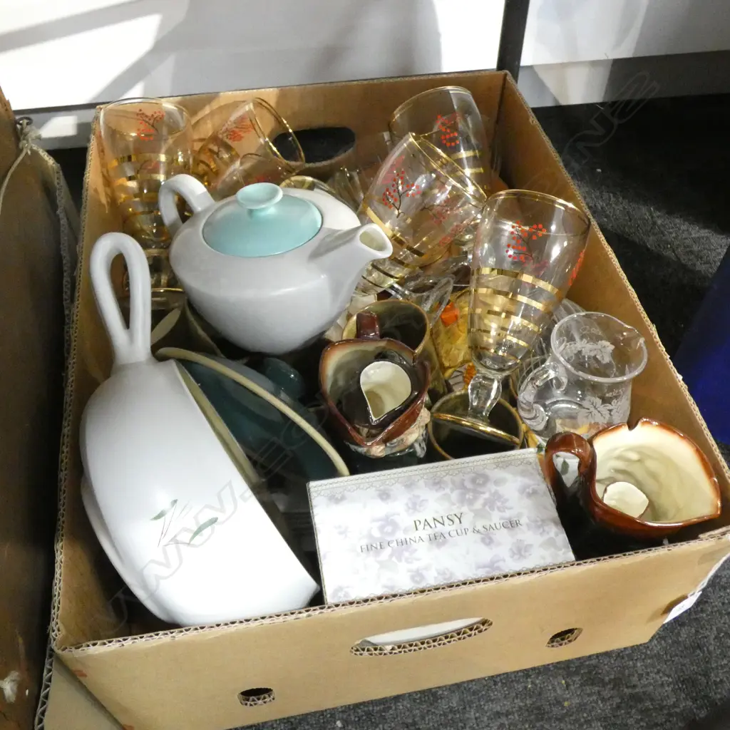 BOX LOT GLASSES, STONEWARE ETC Image 1++