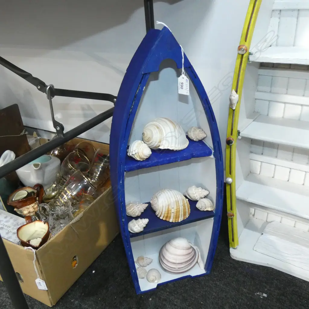 BLUE PAINTED WOODEN BOAT SHELVES w. SHELLS H.630mm Image 1++